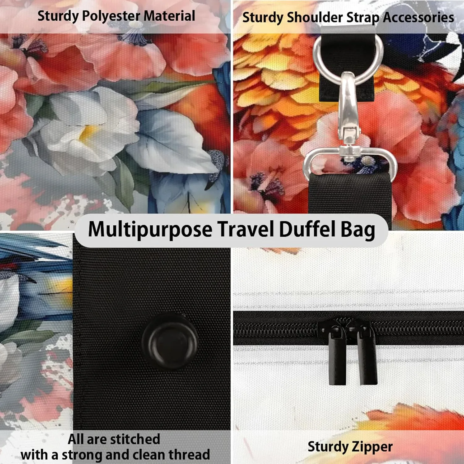 Parrot Flower Travel Duffle Bag, Sports Gym Bags for Women Men, Carry On Weekender Overnight Workout Airplane Trips Bag