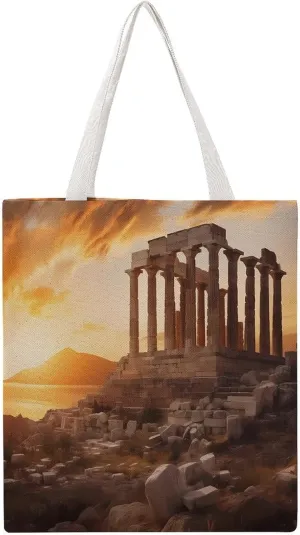 Parthenon Temple on A Sunset Printing Canvas Tote Bag Reusable Grocery Shopping Bags Washable Handbag 15 X 16 Inch
