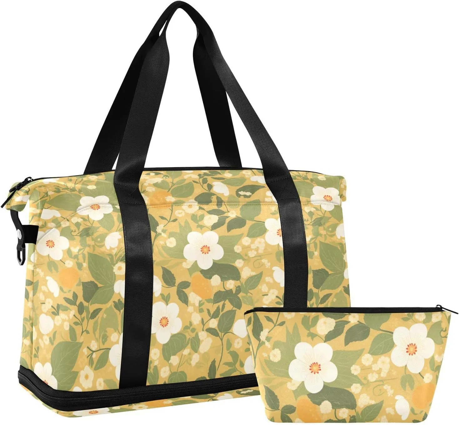 Pastoral illustration floral yellow Travel Hand Bags Carry On Bags Sports Gym Bag with Toiletry Bag for Gym 2 Pcs Set