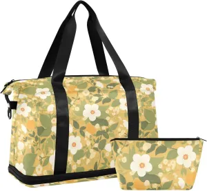 Pastoral illustration floral yellow Travel Hand Bags Carry On Bags Sports Gym Bag with Toiletry Bag for Gym 2 Pcs Set