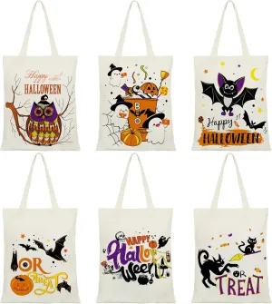 Paterr 6 Pcs Halloween Canvas Tote Bag Bulk Reusable Candy Grocery Shopping Bag Large Happy Halloween Bags Boo Pumpkin and Ghost Design for Halloween Party Supplies