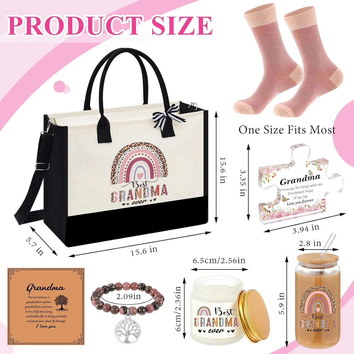 Paterr 6 Pcs Mothers Day Gifts Set for Grandma Nana Gigi Mimi, Birthday Gift for Grandma from Grandkids, Tote Bag Present Set