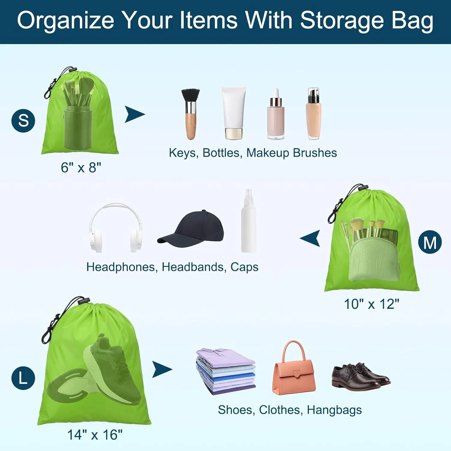 PATIKIL Travel Storage Bags with Toggle 14 x 16 Inch, 6 Pack Waterproof 210D Polyester Drawstring Bag Stuff Sack Cinch Bag for Gym Traveling Hiking Yoga Shoes Organizer, Light Green