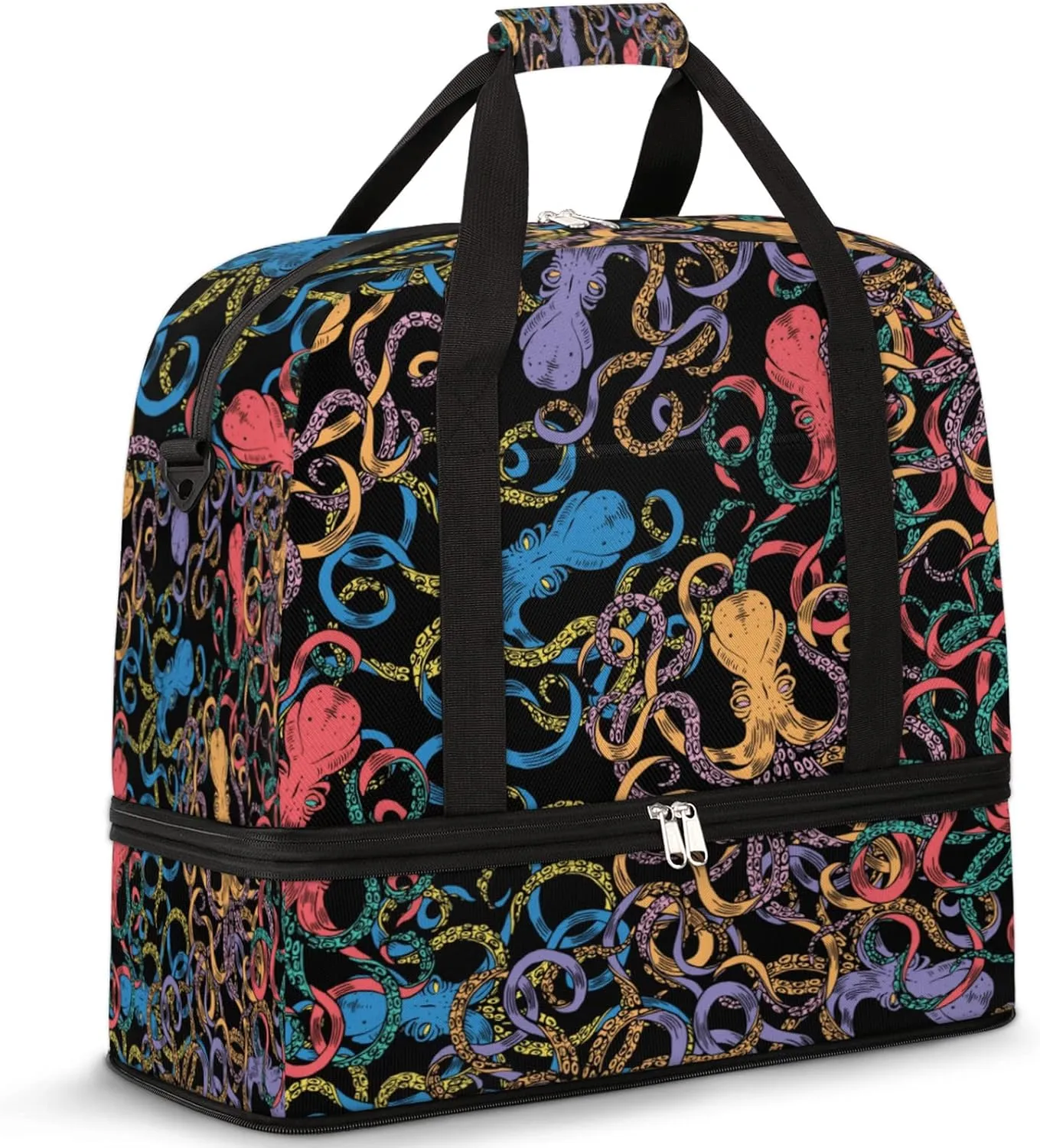 Pattern With Octopus Foldable Travel Duffel Bag Tote Carry on Luggage Sport Duffle for Women Men Gym Bag Overnight Weekender Bags with Shoe Compartments and Shoulder Strap