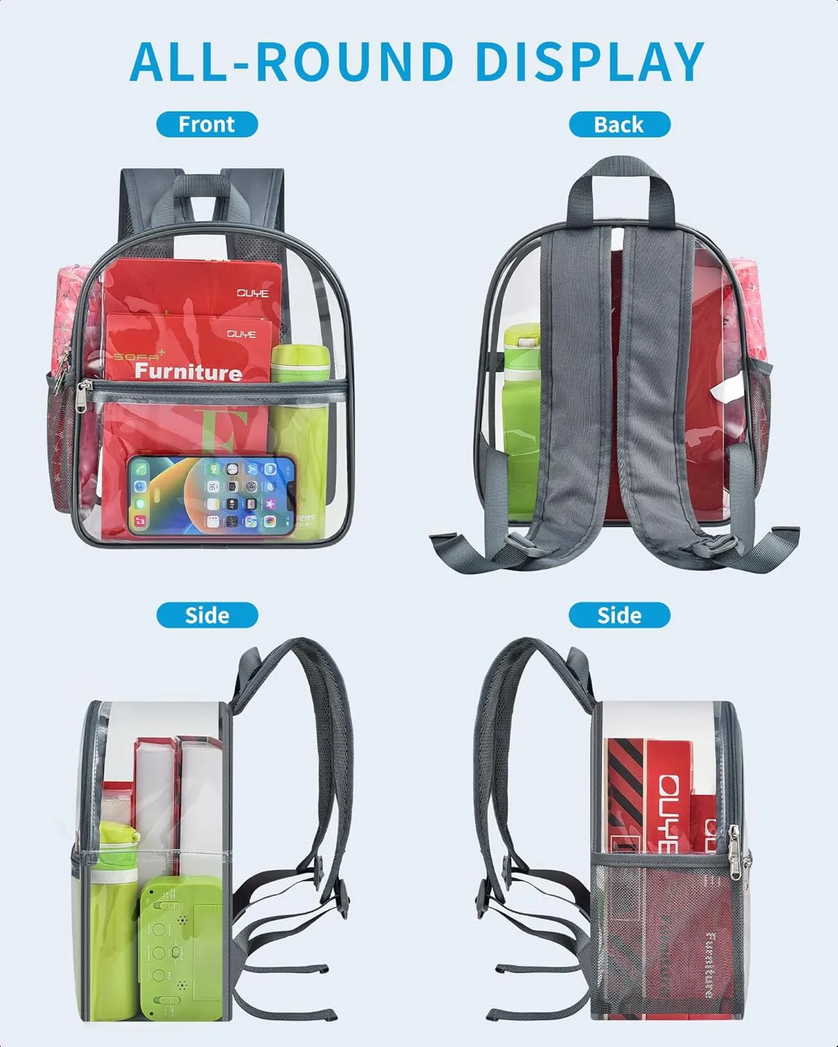 Paxiland Clear Backpack Stadium Approved 12×12×6 with Reinforced and Wider Shoulder Straps, Small Clear Bag for Schools, Concerts, Work, Festivals and Sporting Events - Grey