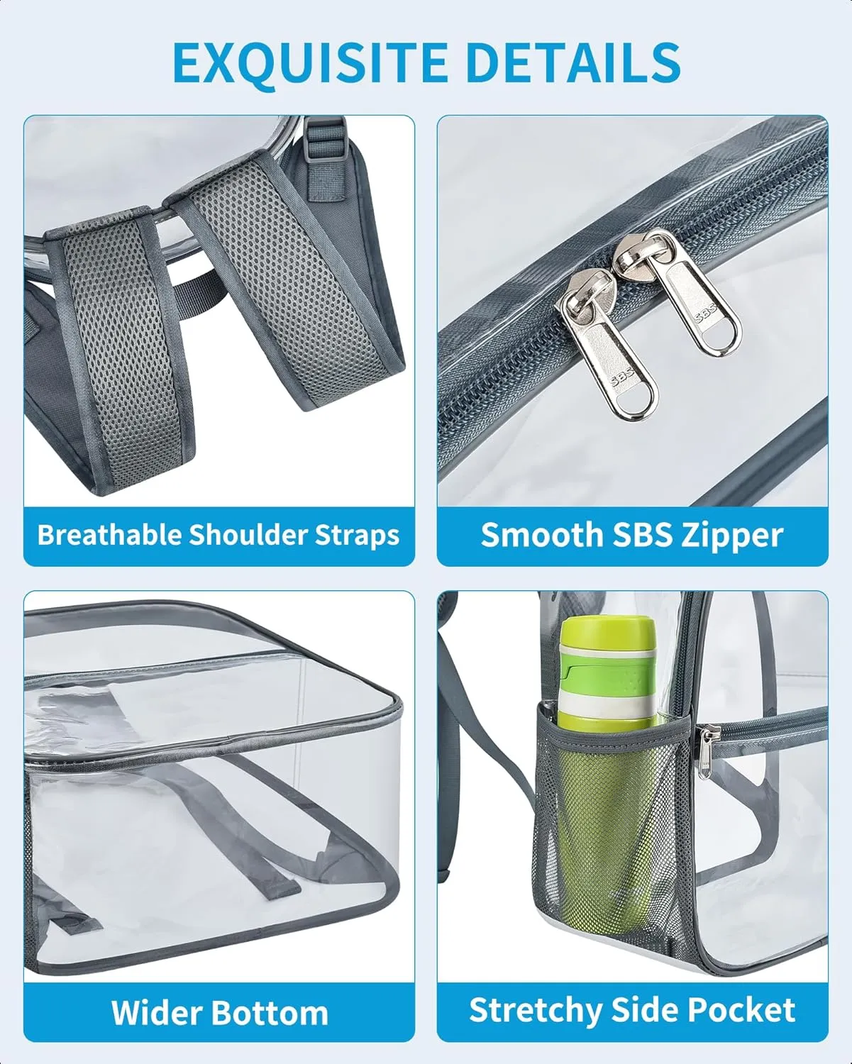 Paxiland Clear Backpack Stadium Approved 12×12×6 with Reinforced and Wider Shoulder Straps, Small Clear Bag for Schools, Concerts, Work, Festivals and Sporting Events - Grey