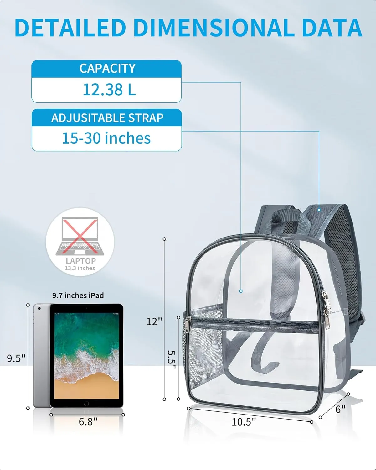 Paxiland Clear Backpack Stadium Approved 12×12×6 with Reinforced and Wider Shoulder Straps, Small Clear Bag for Schools, Concerts, Work, Festivals and Sporting Events - Grey