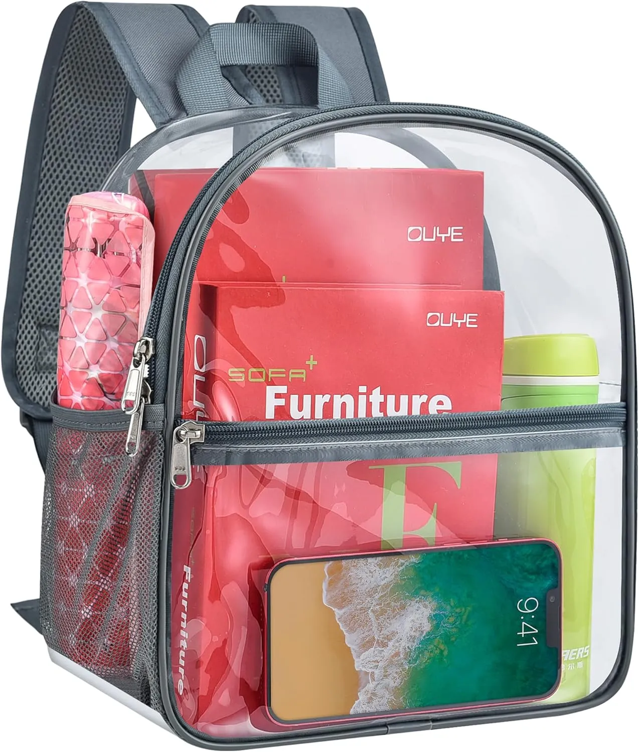 Paxiland Clear Backpack Stadium Approved 12×12×6 with Reinforced and Wider Shoulder Straps, Small Clear Bag for Schools, Concerts, Work, Festivals and Sporting Events - Grey