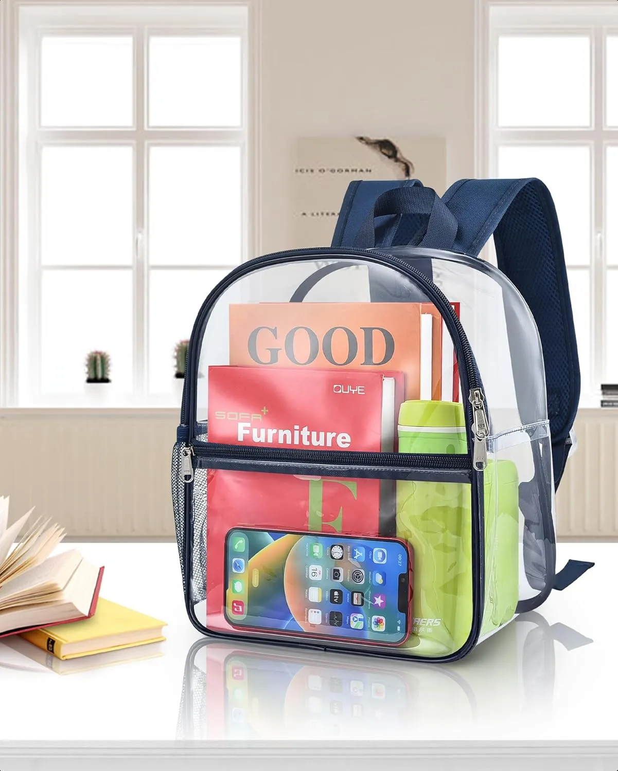 Paxiland Clear Backpack Stadium Approved 12×12×6 with Reinforced and Wider Shoulder Straps, Small Clear Bag for Schools, Concerts, Work, Festivals and Sporting Events - Navy