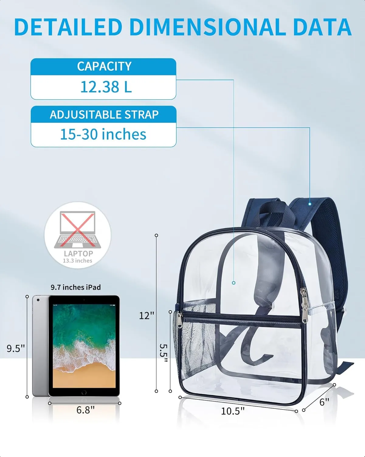 Paxiland Clear Backpack Stadium Approved 12×12×6 with Reinforced and Wider Shoulder Straps, Small Clear Bag for Schools, Concerts, Work, Festivals and Sporting Events - Navy