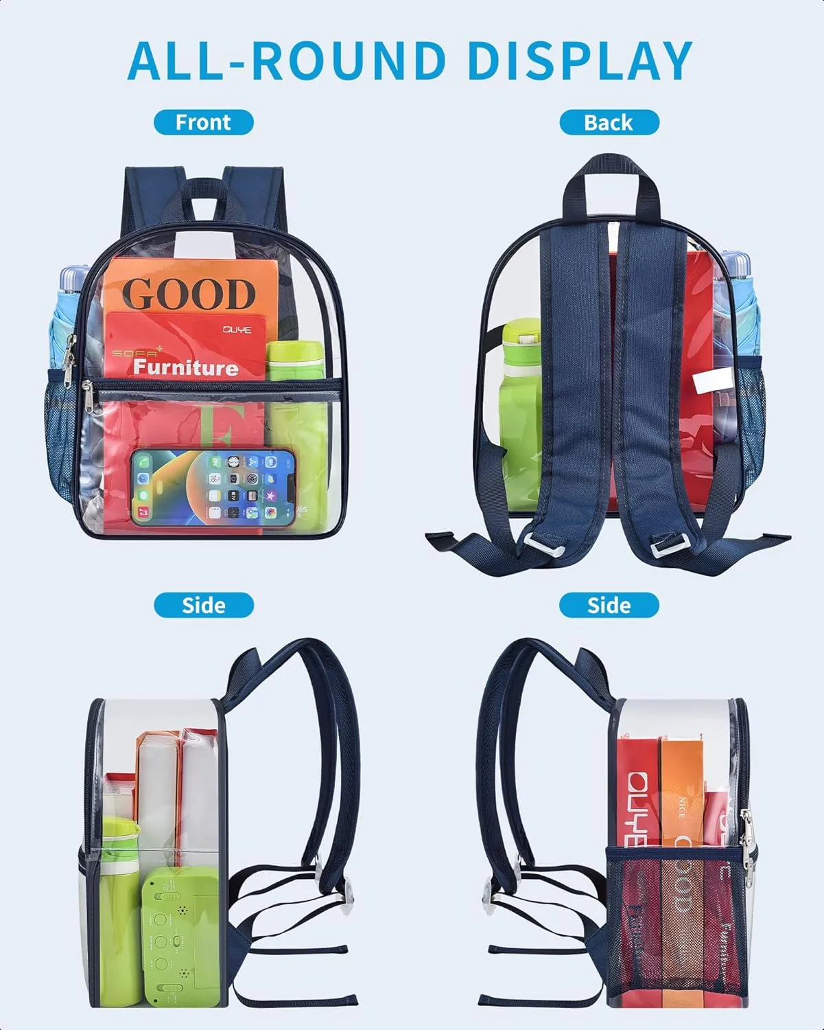 Paxiland Clear Backpack Stadium Approved 12×12×6 with Reinforced and Wider Shoulder Straps, Small Clear Bag for Schools, Concerts, Work, Festivals and Sporting Events - Navy