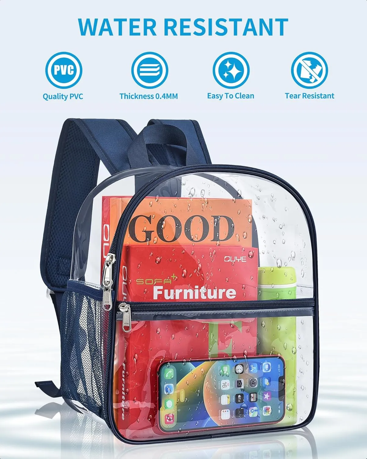 Paxiland Clear Backpack Stadium Approved 12×12×6 with Reinforced and Wider Shoulder Straps, Small Clear Bag for Schools, Concerts, Work, Festivals and Sporting Events - Navy