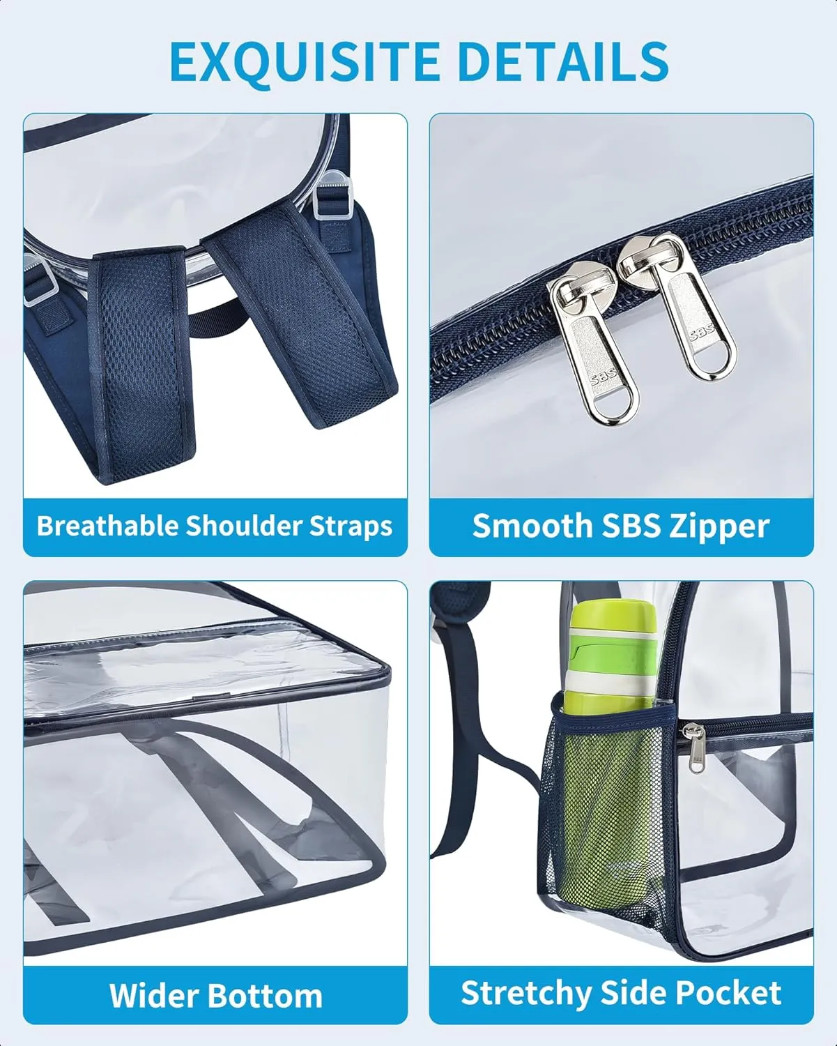 Paxiland Clear Backpack Stadium Approved 12×12×6 with Reinforced and Wider Shoulder Straps, Small Clear Bag for Schools, Concerts, Work, Festivals and Sporting Events - Navy