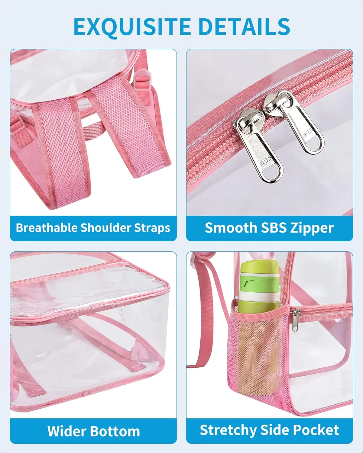 Paxiland Clear Backpack Stadium Approved 12×12×6 with Reinforced and Wider Shoulder Straps, Small Clear Bag for Schools, Concerts, Work, Festivals and Sporting Events - Pink
