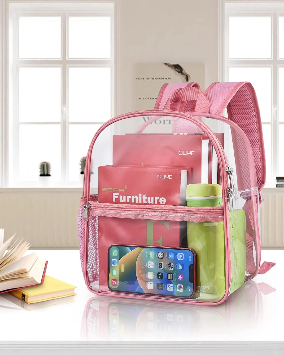Paxiland Clear Backpack Stadium Approved 12×12×6 with Reinforced and Wider Shoulder Straps, Small Clear Bag for Schools, Concerts, Work, Festivals and Sporting Events - Pink