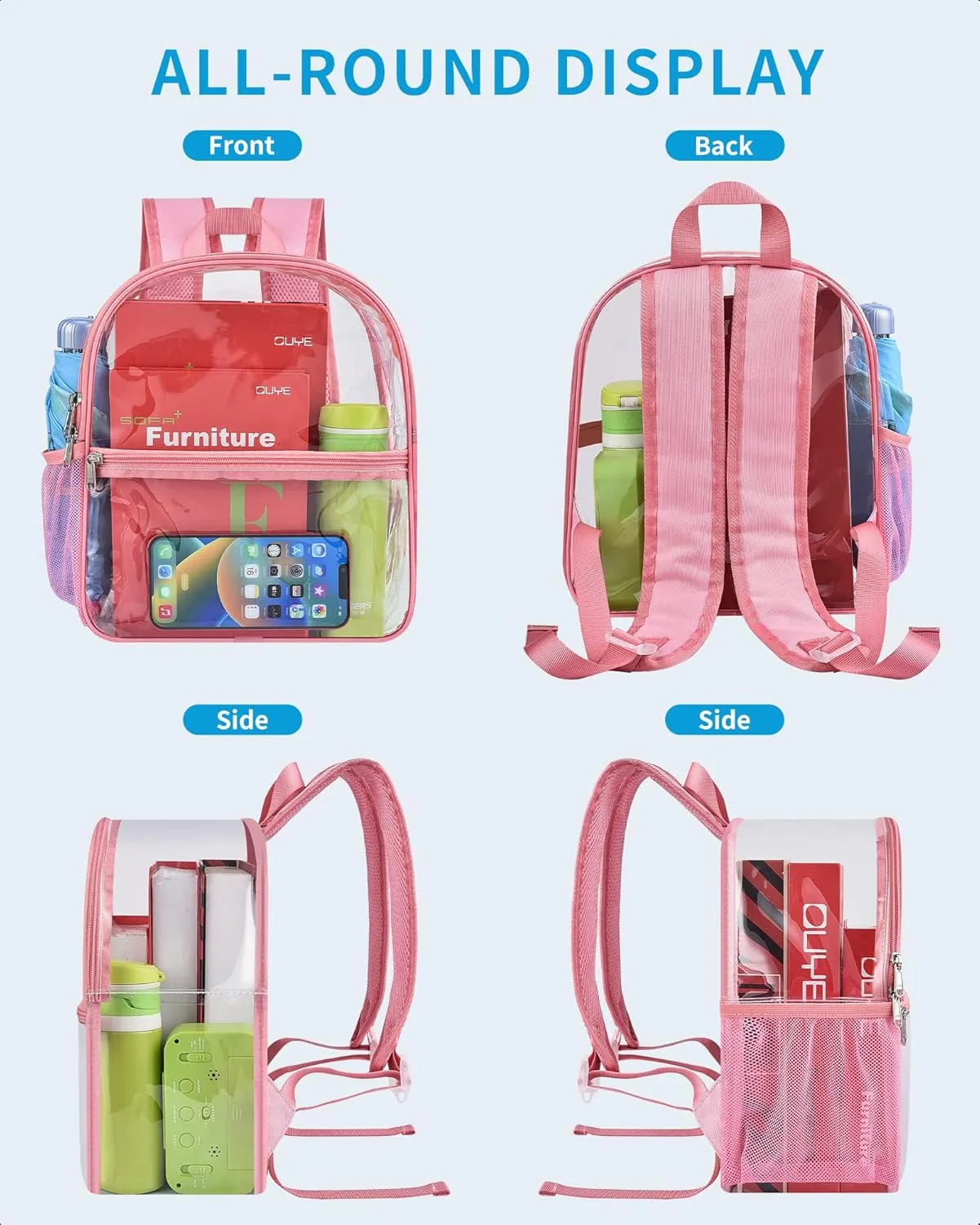 Paxiland Clear Backpack Stadium Approved 12×12×6 with Reinforced and Wider Shoulder Straps, Small Clear Bag for Schools, Concerts, Work, Festivals and Sporting Events - Pink