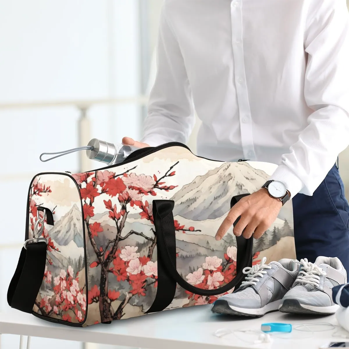 Peach Floral Travel Duffle Bag for Women Men Gym Duffel Foldable Bag Waterproof Weekender Japanese Asian Duffle Tote