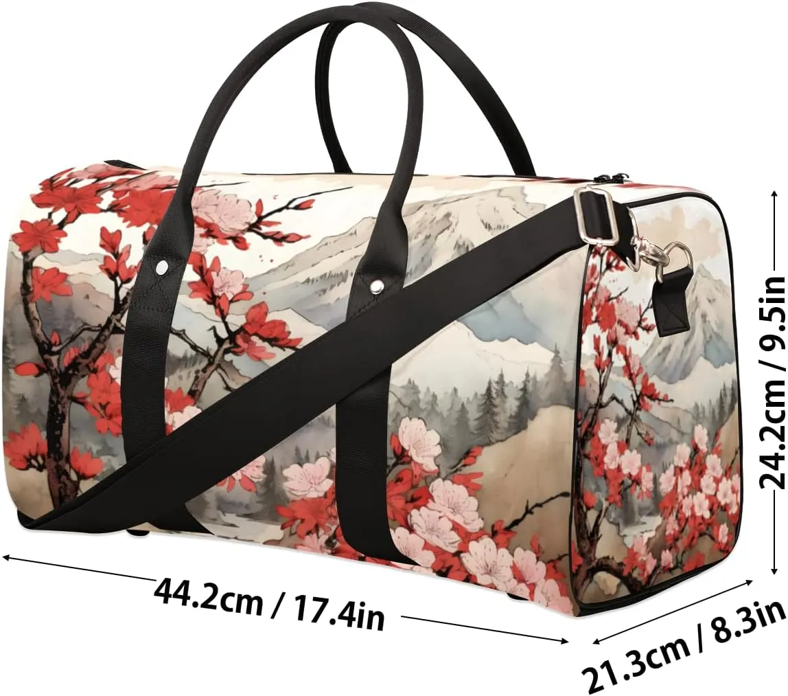 Peach Floral Travel Duffle Bag for Women Men Gym Duffel Foldable Bag Waterproof Weekender Japanese Asian Duffle Tote