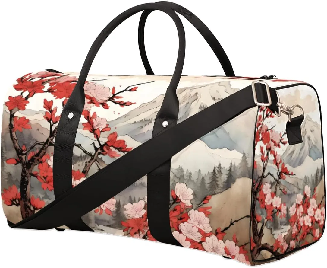 Peach Floral Travel Duffle Bag for Women Men Gym Duffel Foldable Bag Waterproof Weekender Japanese Asian Duffle Tote