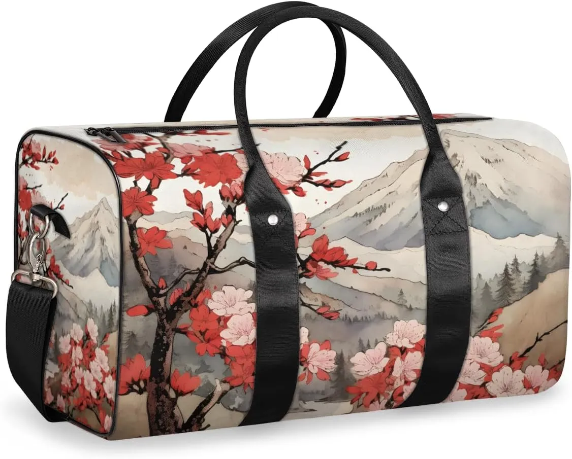 Peach Floral Travel Duffle Bag for Women Men Gym Duffel Foldable Bag Waterproof Weekender Japanese Asian Duffle Tote