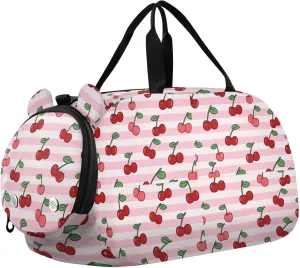 Peach White Striped Fruit Cherry Gym Duffel Bag with Shoes Compartment Lightweight Weekender Overnight Range Bag for Boys and Girls bolsos de para hombre