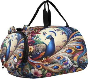 Peacock Kids Overnight Sports Duffel Bags with Shoe Compartment & Wet Pocket Travel Sport Gym Bag for Girls Boys