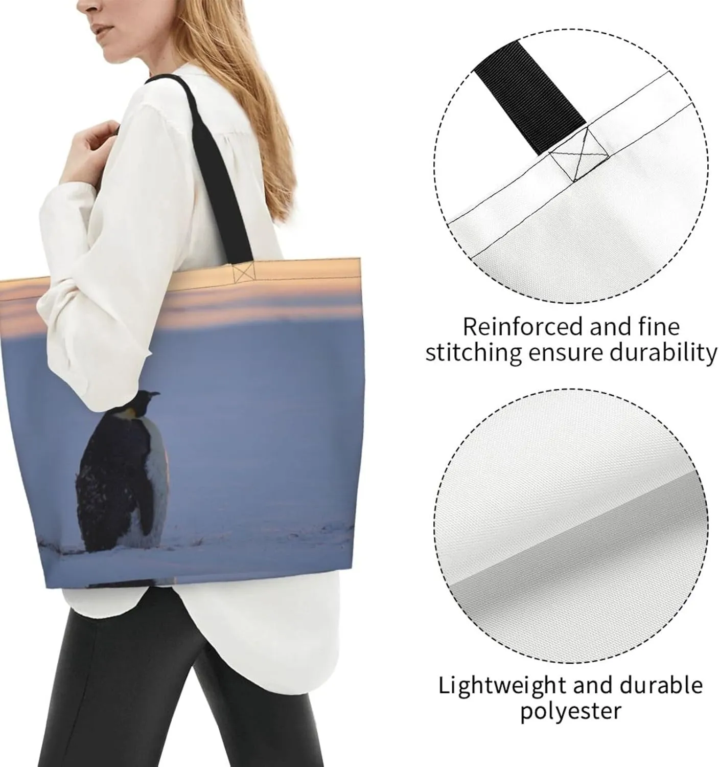 Penguin Canvas Tote Bag Cute Shoulder Bag Handbag Casual Animal Grocery Bags Penguin Bag for Outdoors