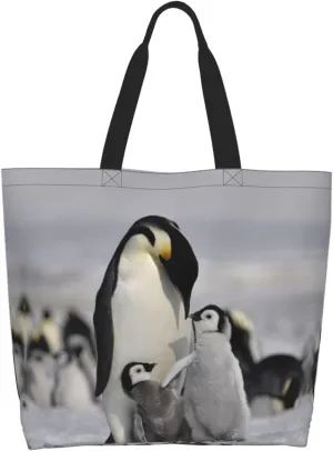 Penguin Canvas Tote Bag Cute Shoulder Bag Handbag Casual Animal Grocery Bags Penguin Bag for Outdoors