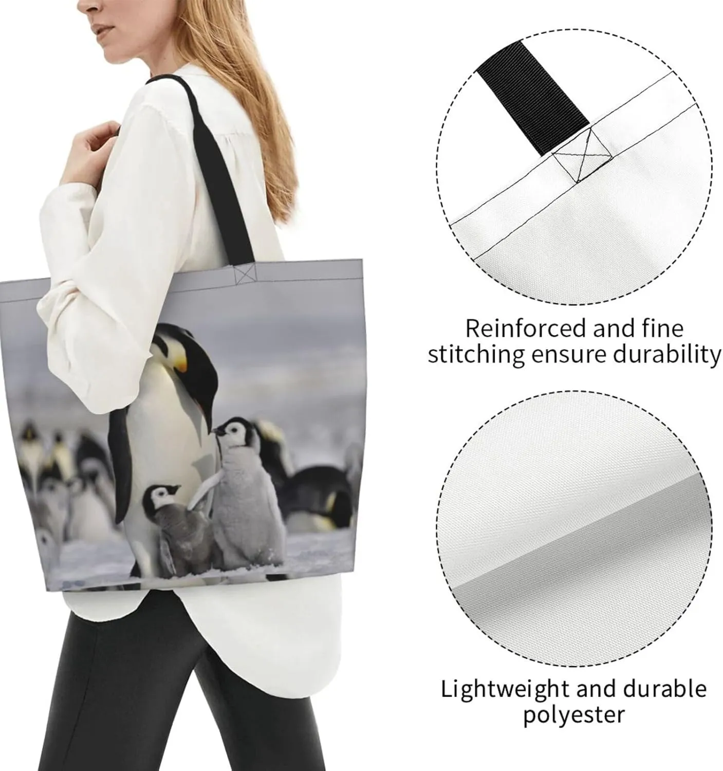 Penguin Canvas Tote Bag Cute Shoulder Bag Handbag Casual Animal Grocery Bags Penguin Bag for Outdoors