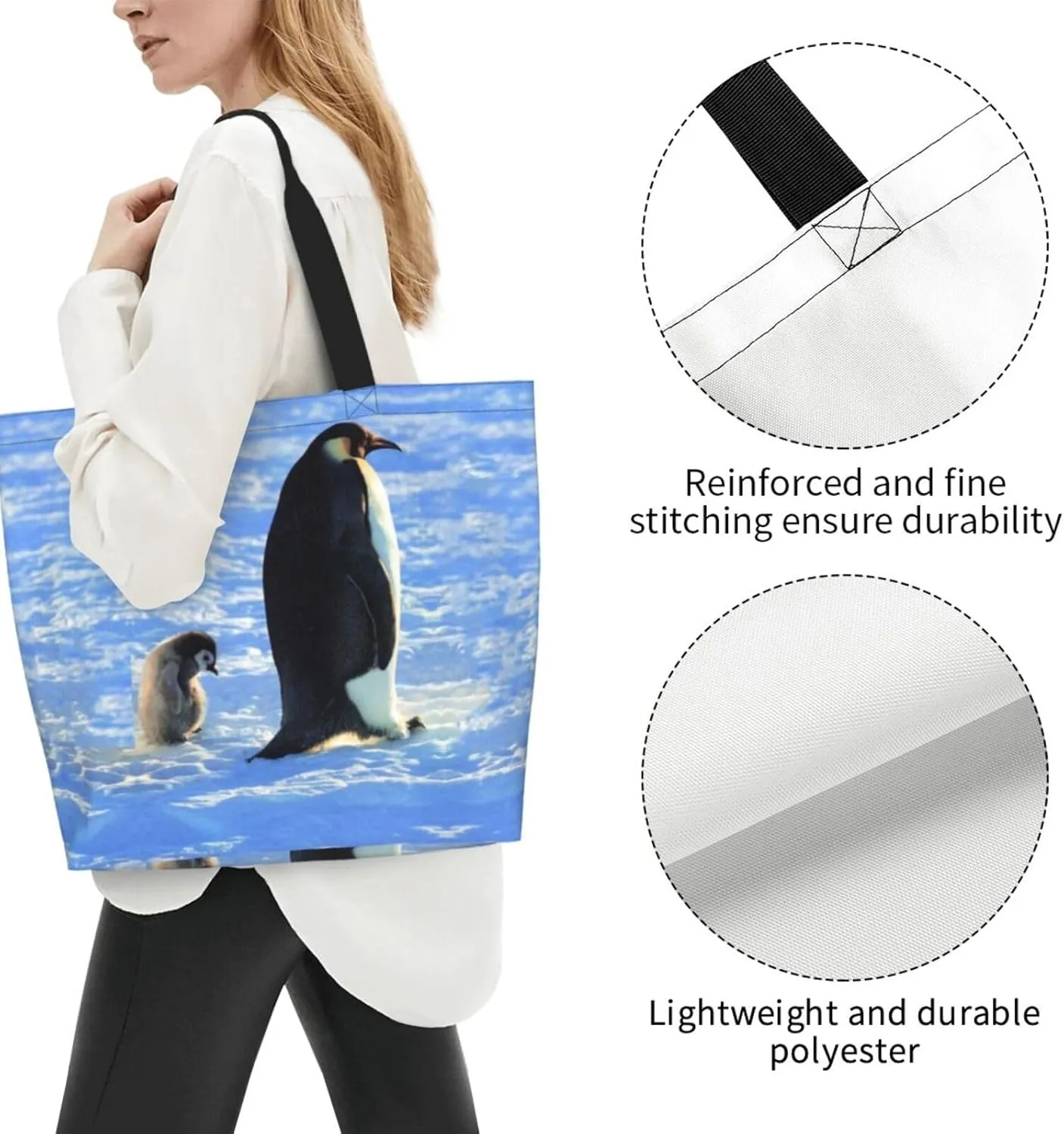 Penguin Canvas Tote Bag Cute Shoulder Bag Handbag Casual Animal Grocery Bags Penguin Bag for Outdoors