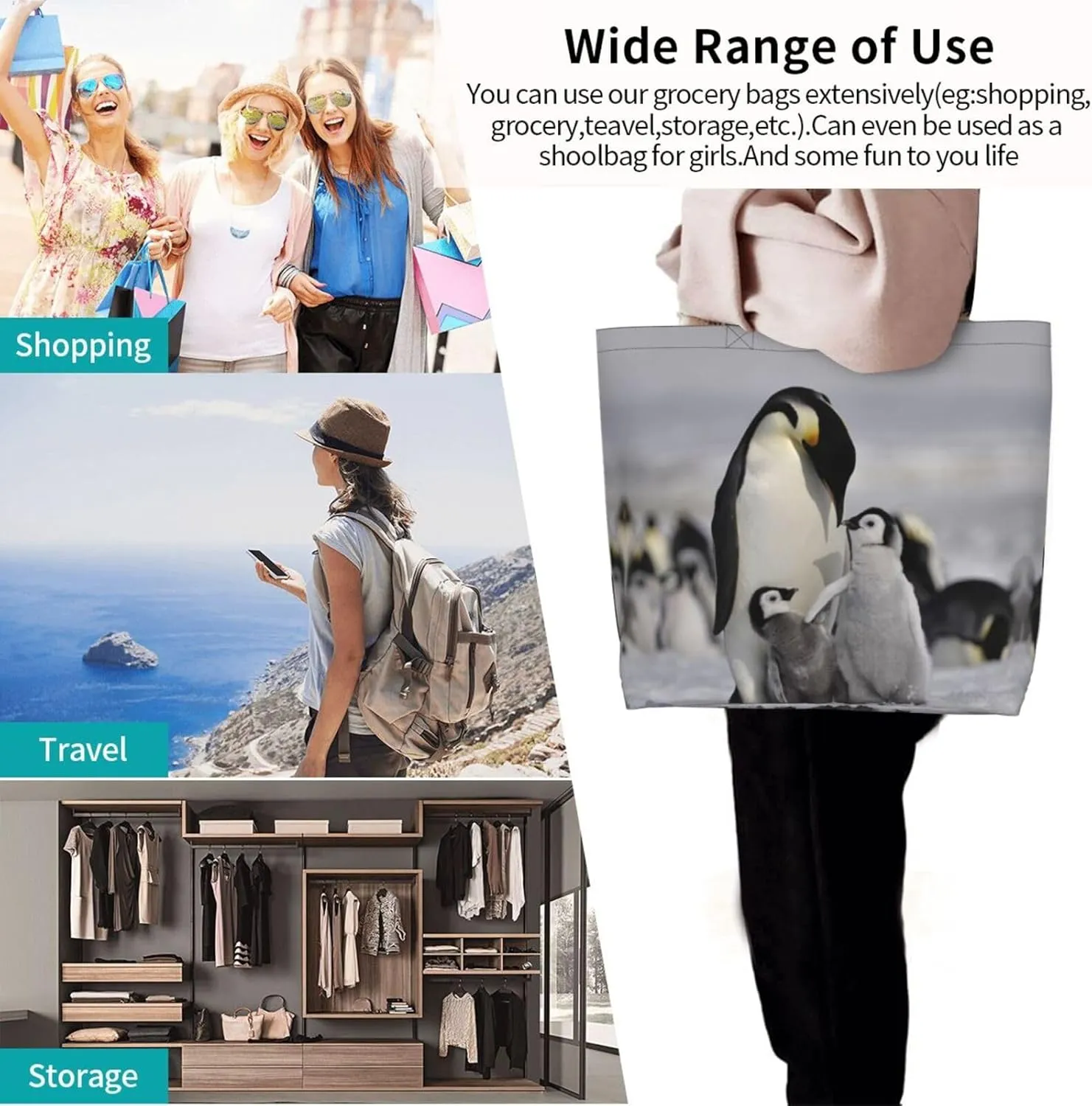 Penguin Canvas Tote Bag Cute Shoulder Bag Handbag Casual Animal Grocery Bags Penguin Bag for Outdoors