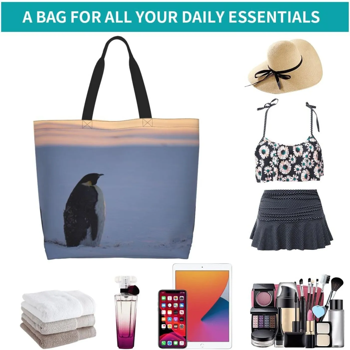 Penguin Canvas Tote Bag Cute Shoulder Bag Handbag Casual Animal Grocery Bags Penguin Bag for Outdoors