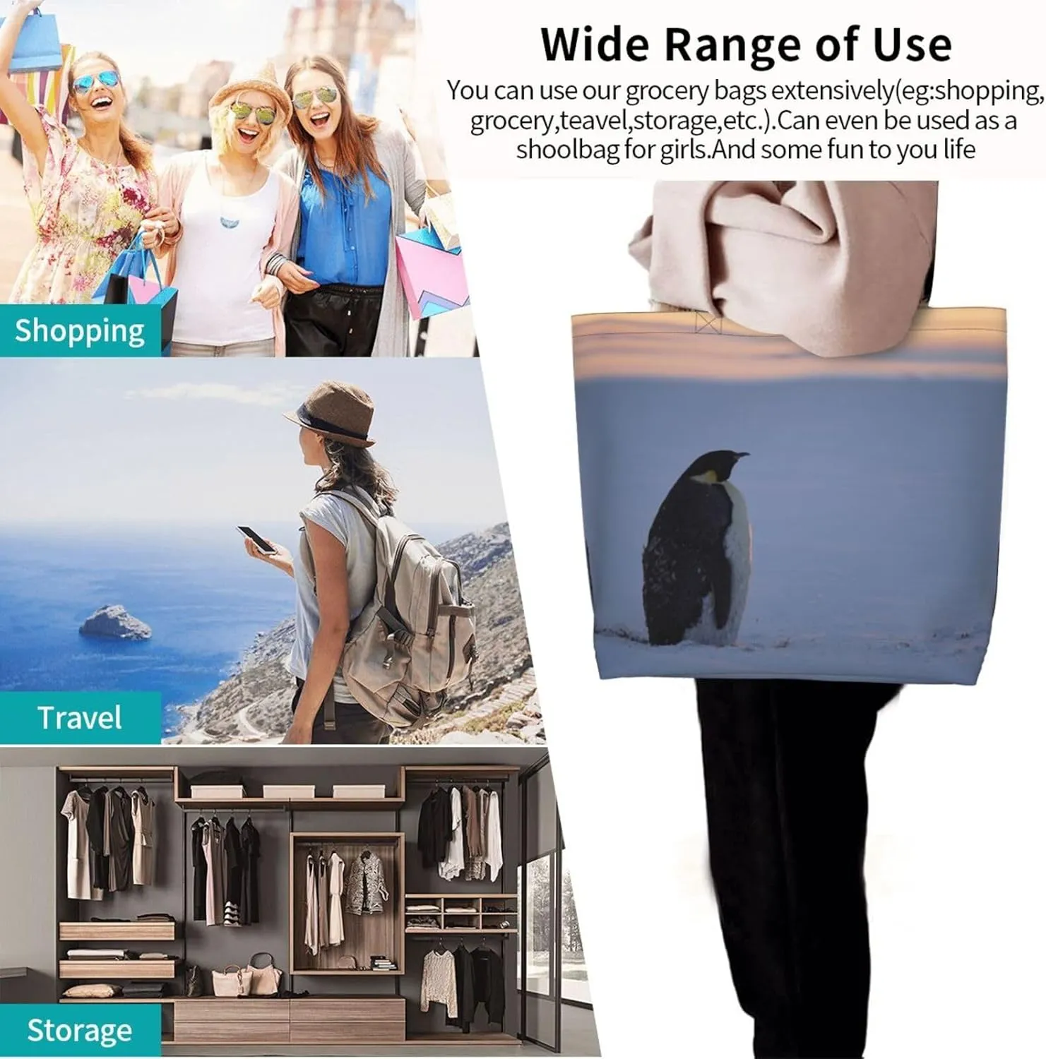 Penguin Canvas Tote Bag Cute Shoulder Bag Handbag Casual Animal Grocery Bags Penguin Bag for Outdoors