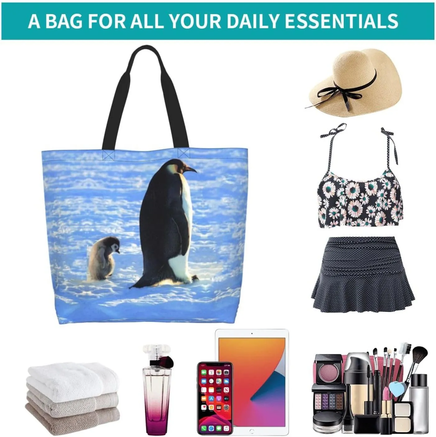 Penguin Canvas Tote Bag Cute Shoulder Bag Handbag Casual Animal Grocery Bags Penguin Bag for Outdoors