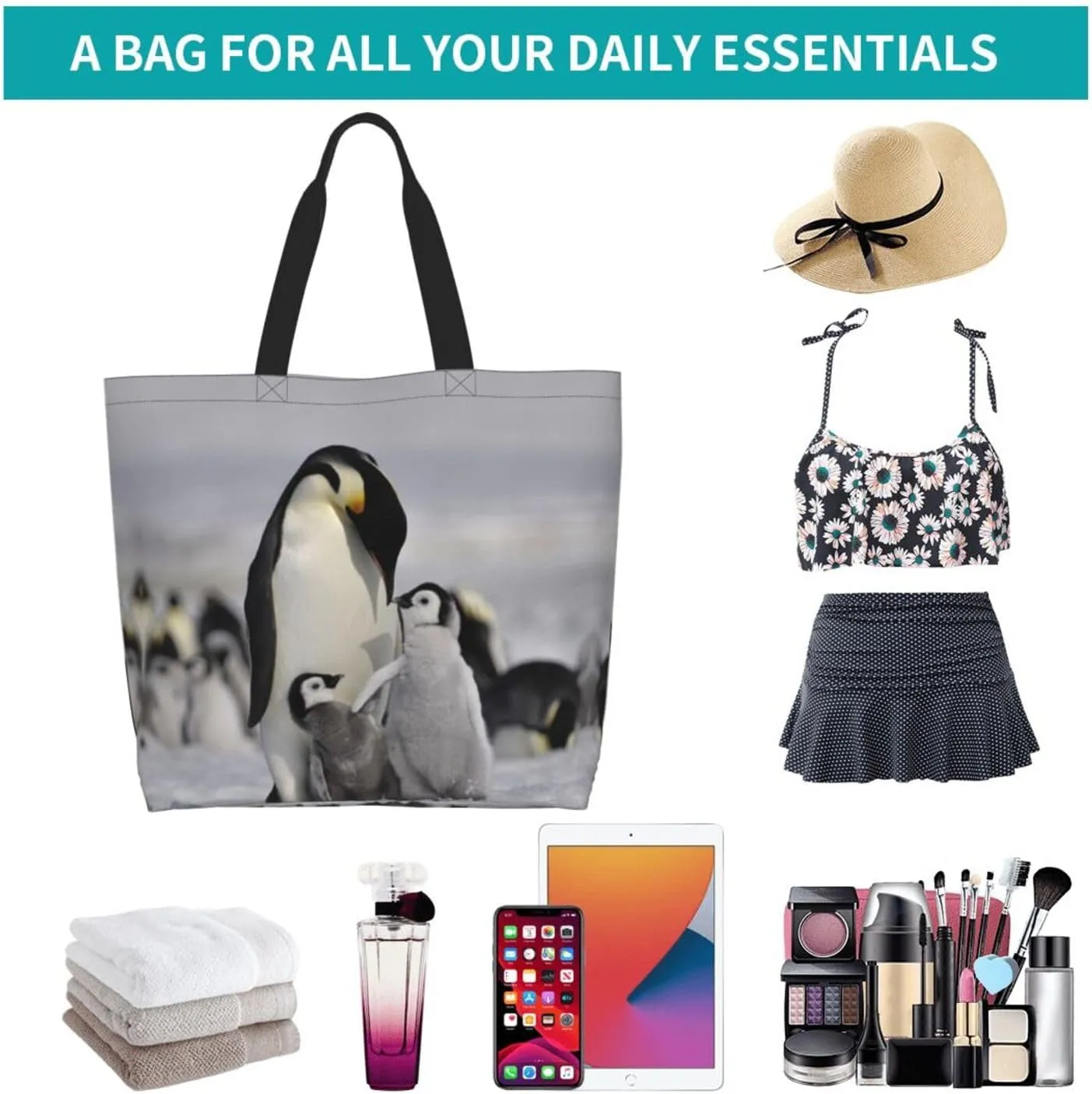 Penguin Canvas Tote Bag Cute Shoulder Bag Handbag Casual Animal Grocery Bags Penguin Bag for Outdoors