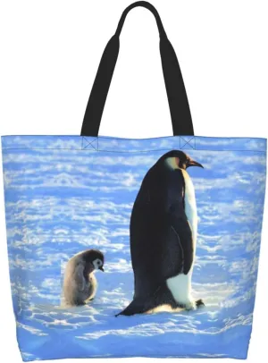 Penguin Canvas Tote Bag Cute Shoulder Bag Handbag Casual Animal Grocery Bags Penguin Bag for Outdoors