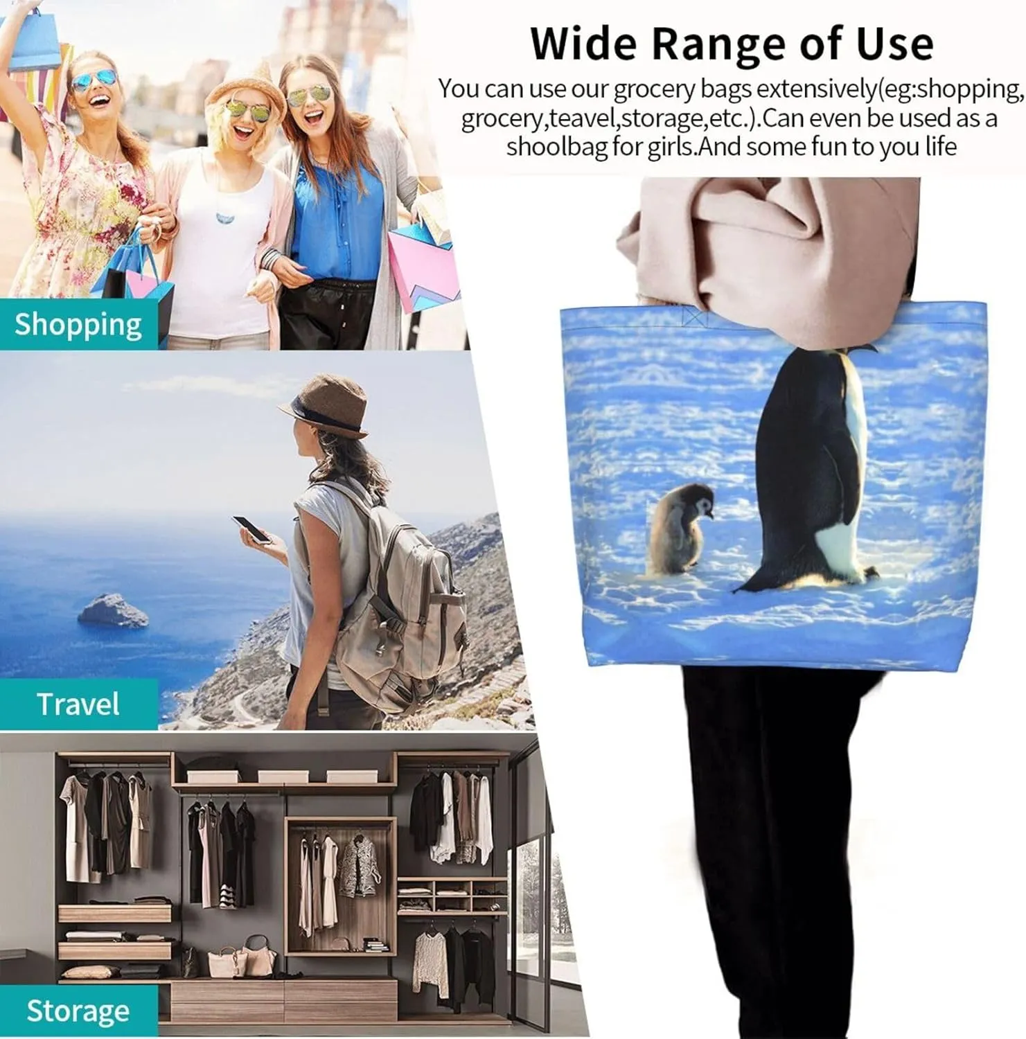 Penguin Canvas Tote Bag Cute Shoulder Bag Handbag Casual Animal Grocery Bags Penguin Bag for Outdoors