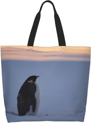 Penguin Canvas Tote Bag Cute Shoulder Bag Handbag Casual Animal Grocery Bags Penguin Bag for Outdoors
