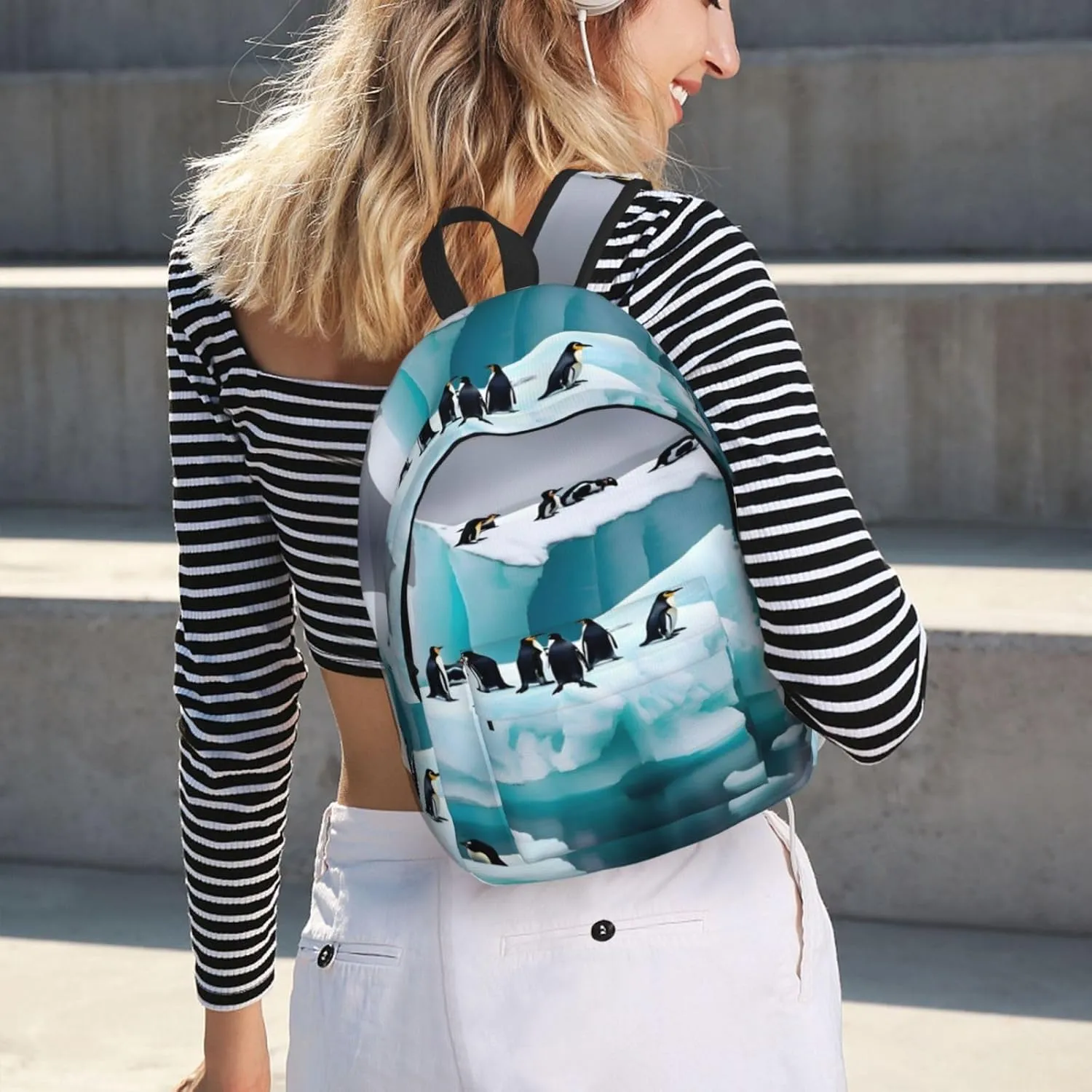 Penguins On The Iceberg Print Canvas Laptop Backpack Outdoor Casual Travel Bag Daypack Book Bag For Men Women