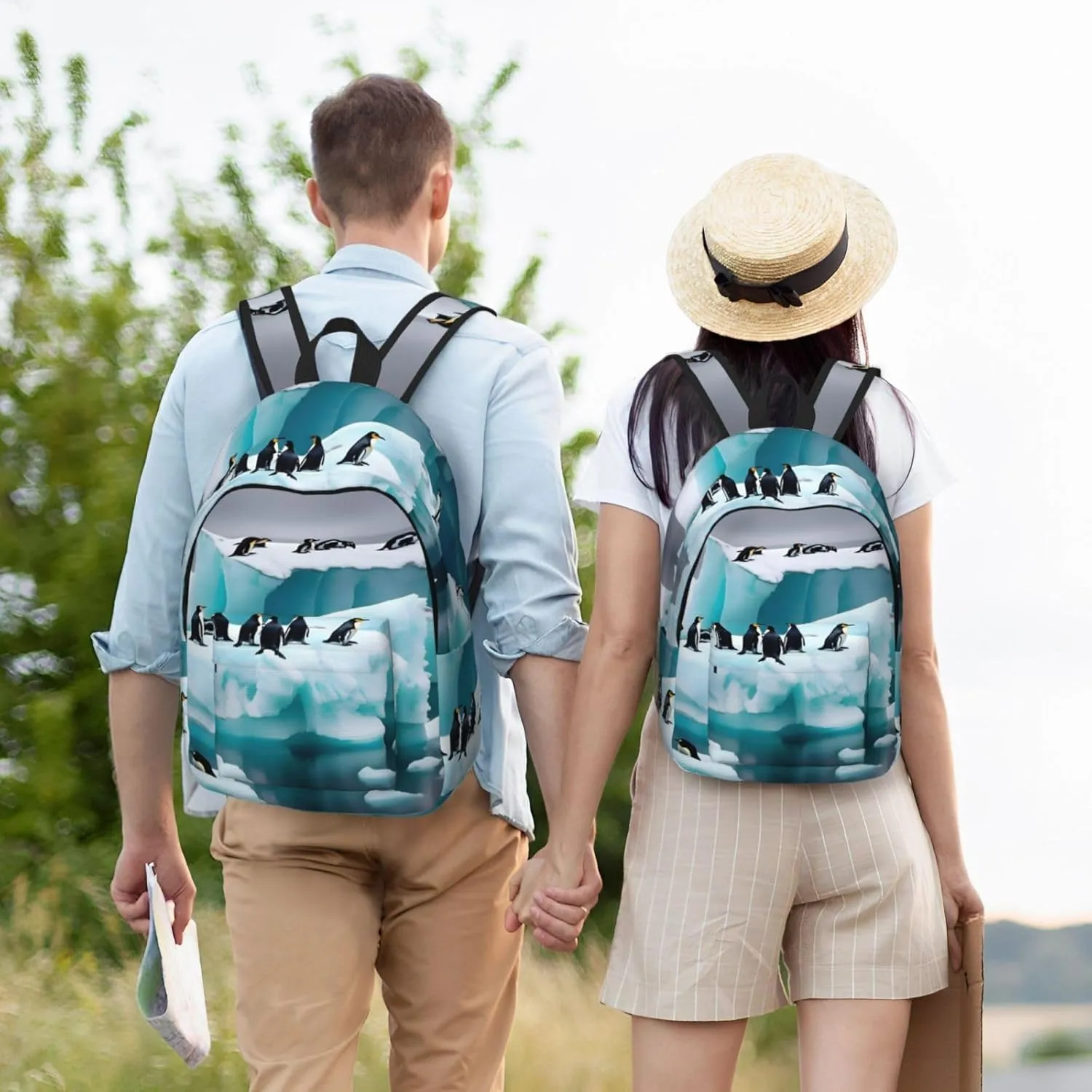 Penguins On The Iceberg Print Canvas Laptop Backpack Outdoor Casual Travel Bag Daypack Book Bag For Men Women