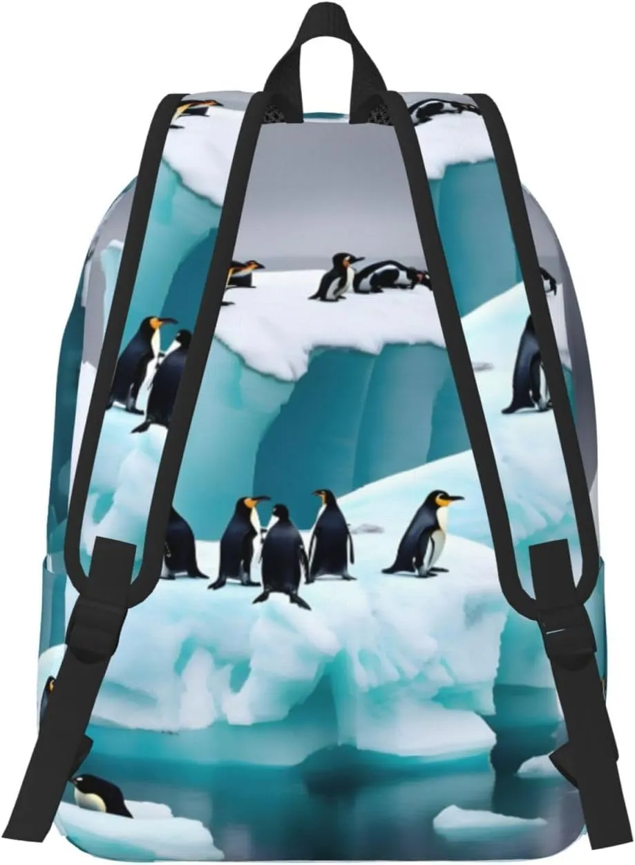 Penguins On The Iceberg Print Canvas Laptop Backpack Outdoor Casual Travel Bag Daypack Book Bag For Men Women