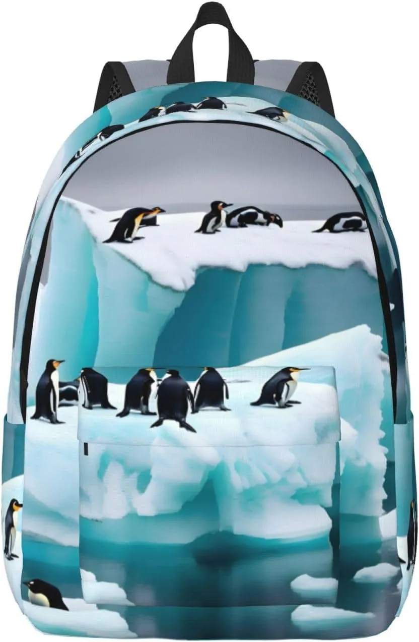 Penguins On The Iceberg Print Canvas Laptop Backpack Outdoor Casual Travel Bag Daypack Book Bag For Men Women