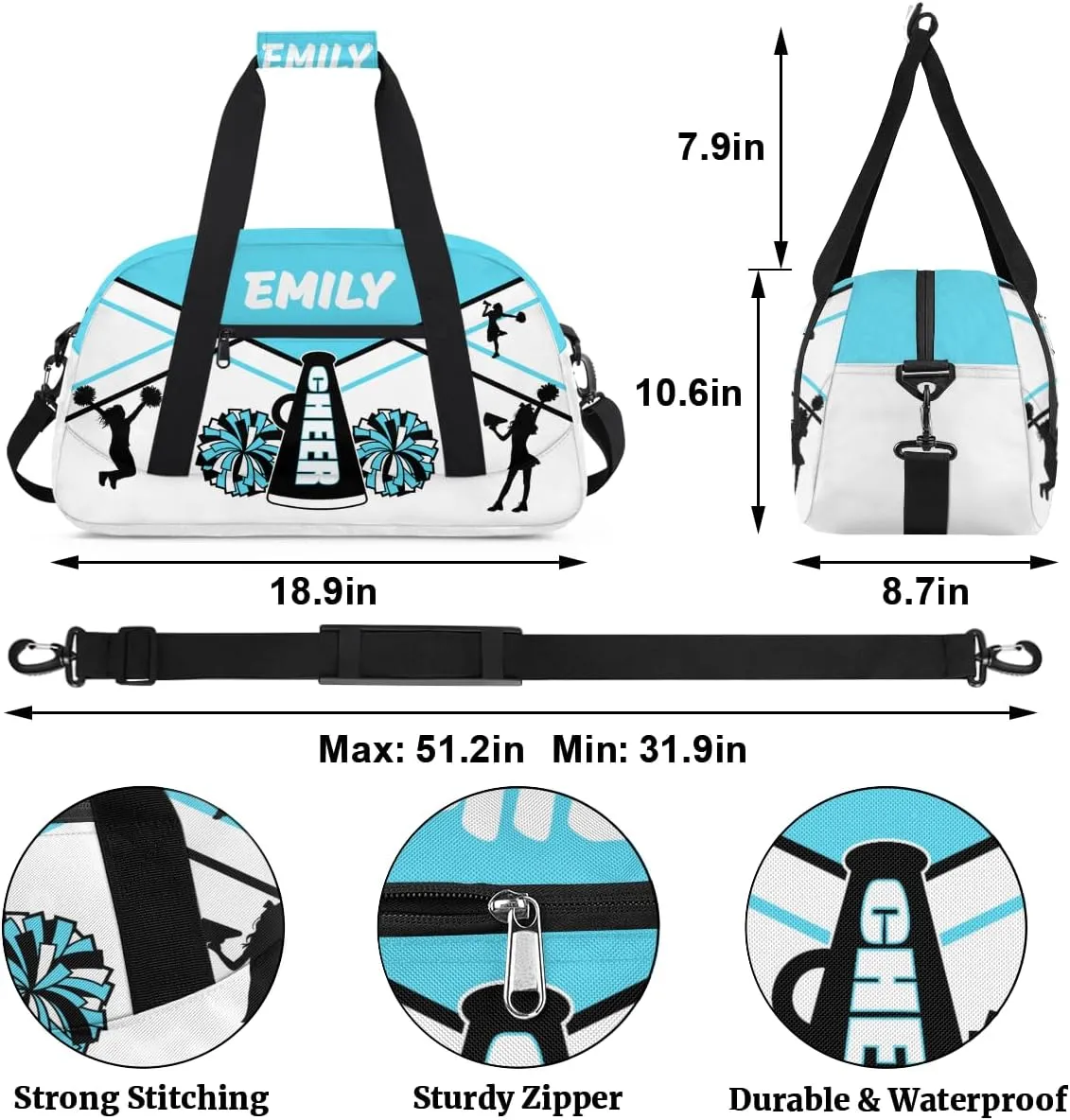 Personalize Cheer Duffel Bags with Custom Name & Text Sport Dance Gym Bags Garment Bags for Girls Kids Cheerleaders Overnight Weekender Travel Blue White