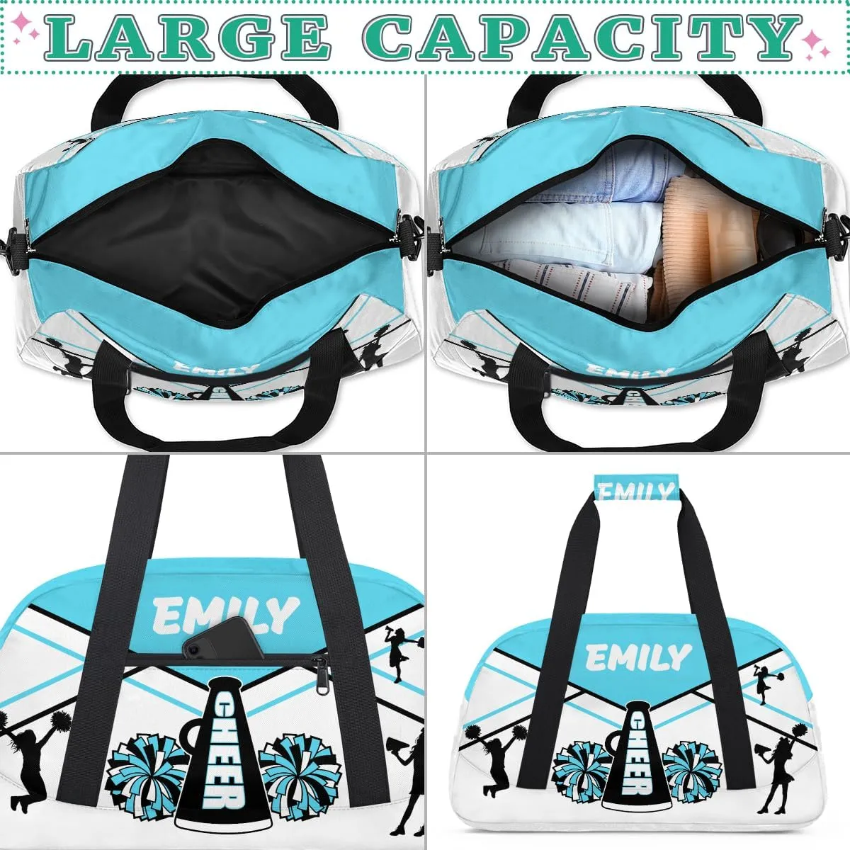 Personalize Cheer Duffel Bags with Custom Name & Text Sport Dance Gym Bags Garment Bags for Girls Kids Cheerleaders Overnight Weekender Travel Blue White