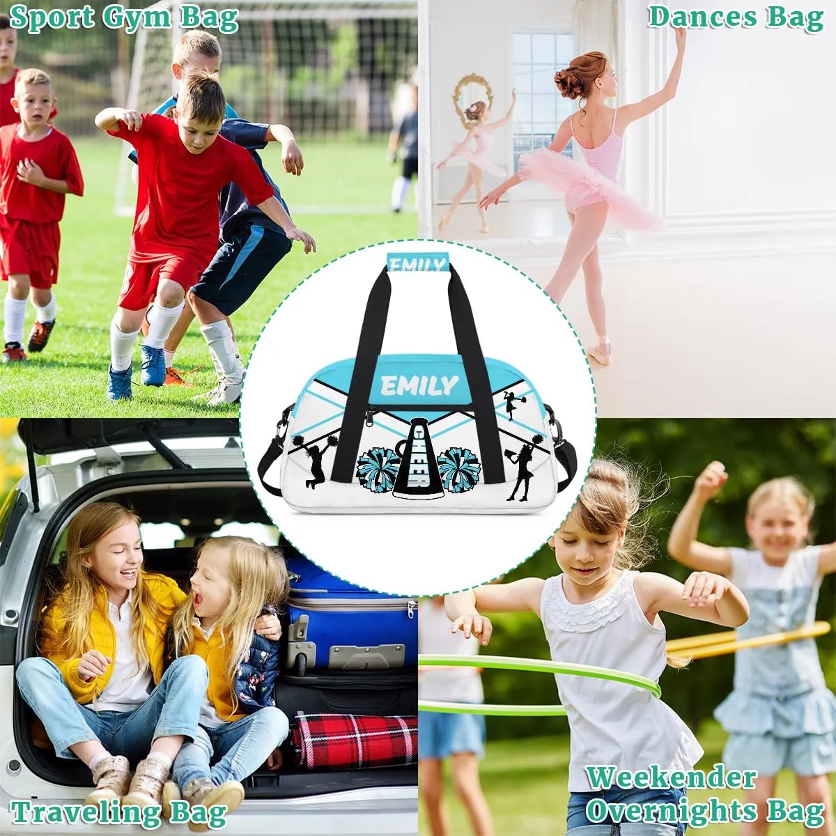 Personalize Cheer Duffel Bags with Custom Name & Text Sport Dance Gym Bags Garment Bags for Girls Kids Cheerleaders Overnight Weekender Travel Blue White