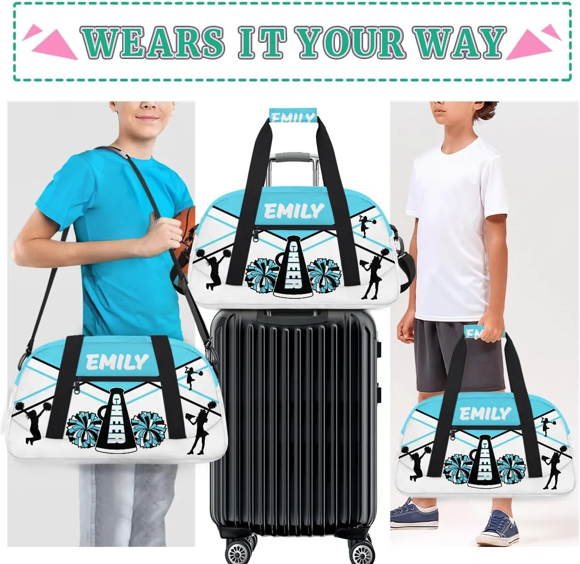 Personalize Cheer Duffel Bags with Custom Name & Text Sport Dance Gym Bags Garment Bags for Girls Kids Cheerleaders Overnight Weekender Travel Blue White