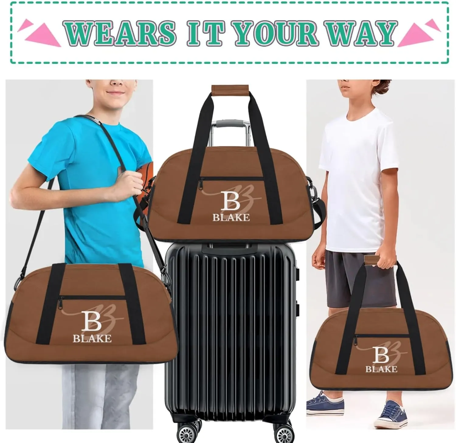 Personalize-Kids-Brown-Duffel-Bags With Custom Capital Name Text Dance-Sports-Bags Lightweight Carry-On Overnight Travel Gym for Girls Boys