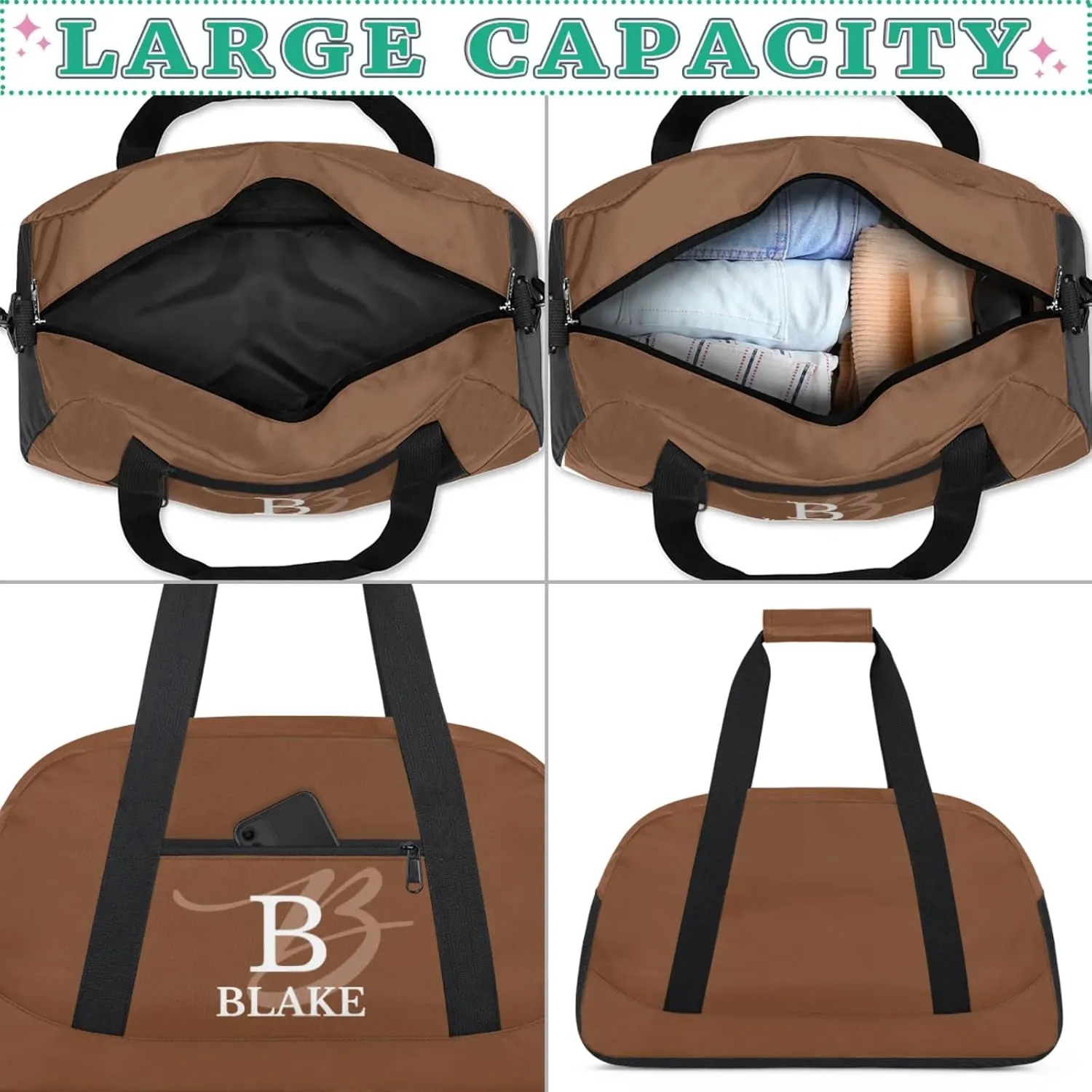 Personalize-Kids-Brown-Duffel-Bags With Custom Capital Name Text Dance-Sports-Bags Lightweight Carry-On Overnight Travel Gym for Girls Boys