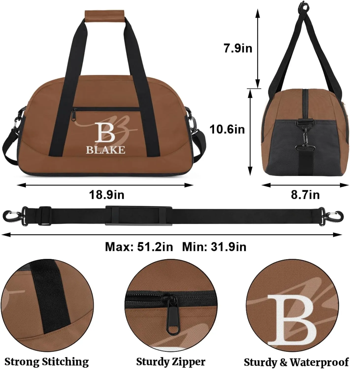 Personalize-Kids-Brown-Duffel-Bags With Custom Capital Name Text Dance-Sports-Bags Lightweight Carry-On Overnight Travel Gym for Girls Boys