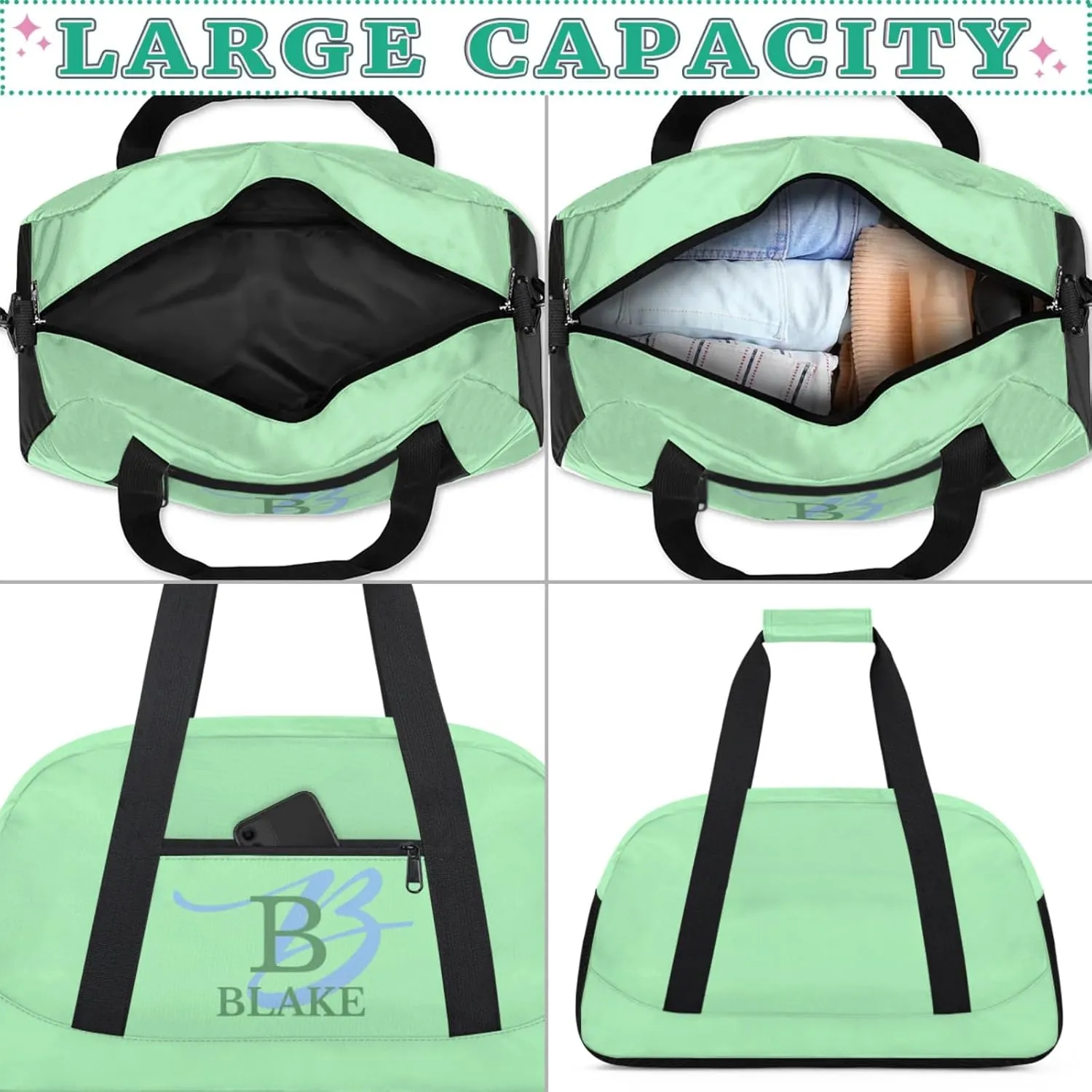 Personalize-Kids-Duffel-Bags With Custom Capital Name Text Dance-Sports-Bags Lightweight Carry-On Overnight Travel Gym for Girls Boys,Light Green